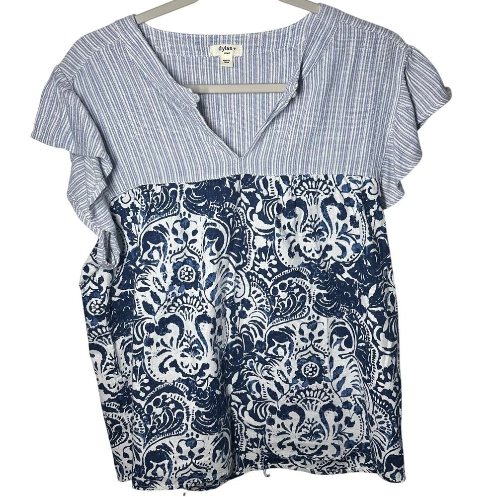 Dylan Women's Blue White Mixed Print Summer Coastal Blouse Size Small